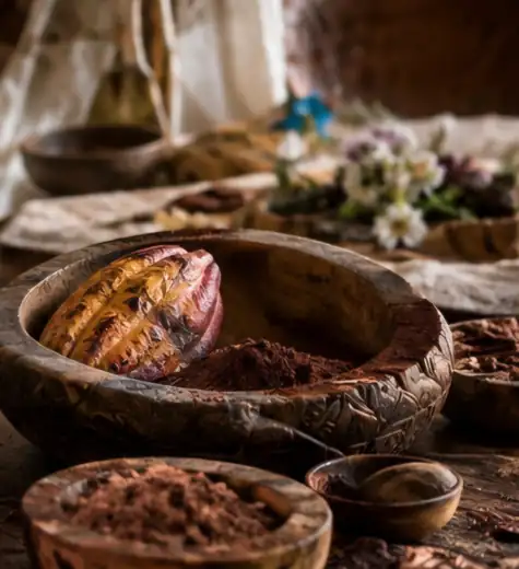 Cabosse de cacao et poudre de cacao dans des bols en bois